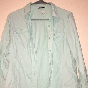 Teal button up long sleeve fishing shirt.